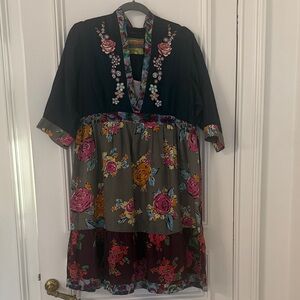 Johnny Was Silk Embroidered Mixed-Print Dress – Size L